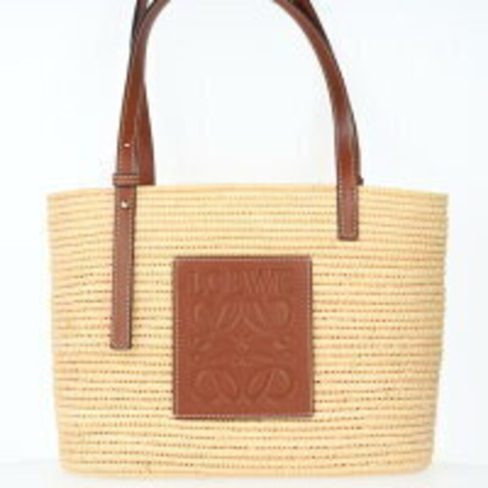 LOEWE Square Basket Bag Raffia Calfskin Pecan Leather Black Handbag k